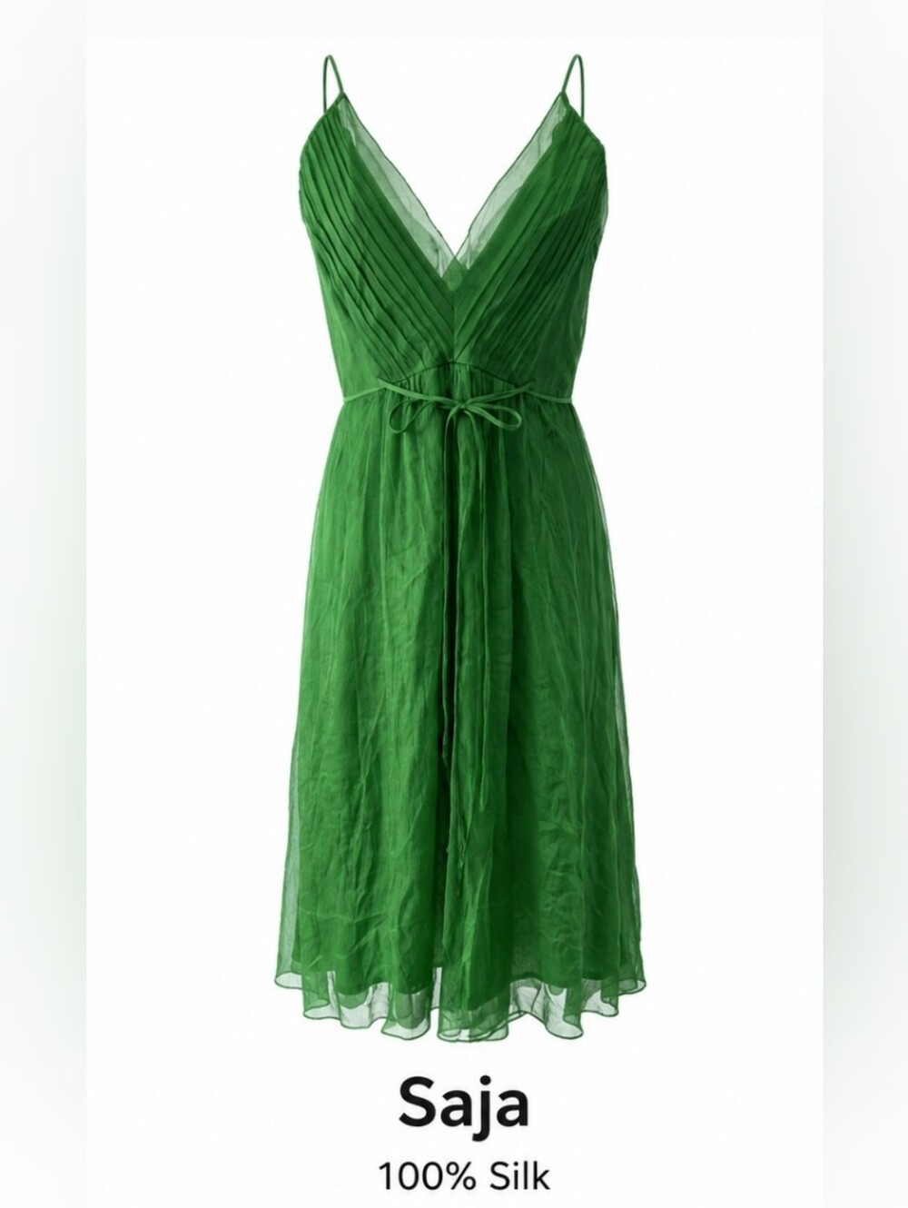 Saja Emerald Green V-Neck Midi Dress with Waist Tie 100% SILK